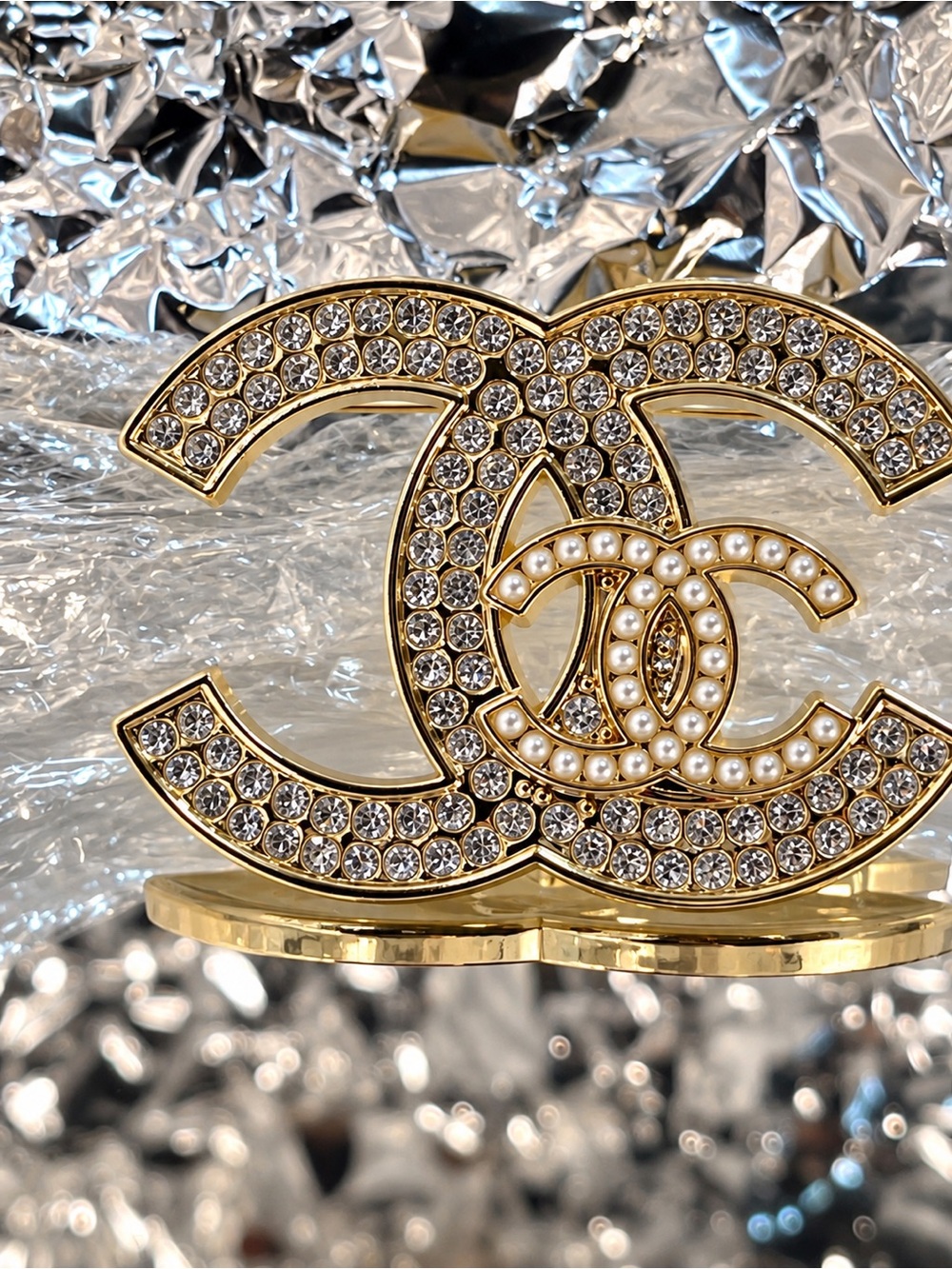 Gold Tone Crystal Double C Brooch Rhinestone Statement Lapel Pin